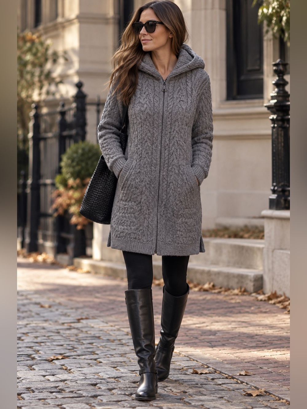 Aran Crafts Hooded Cable Zip Sweater Coat - Gray